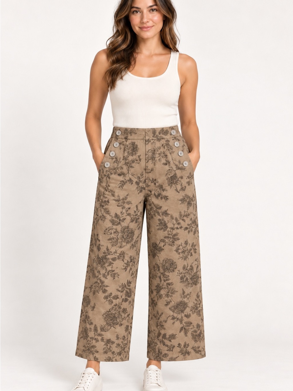Allie Rose Tan Floral Toile Sailor Button Wide Leg Pants Cottagecore M